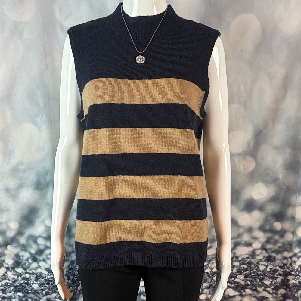 Talbots sz L Classic Black and Tan Striped Sleeveless Knitwear